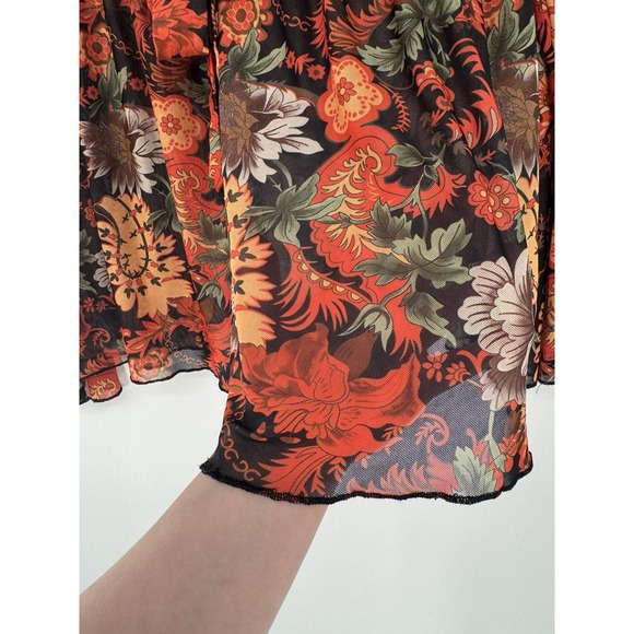 Babydoll Mesh Sheer Floral Paisley Boho V Neck Top XL tie front Asian print Y2K - Picture 3 of 7